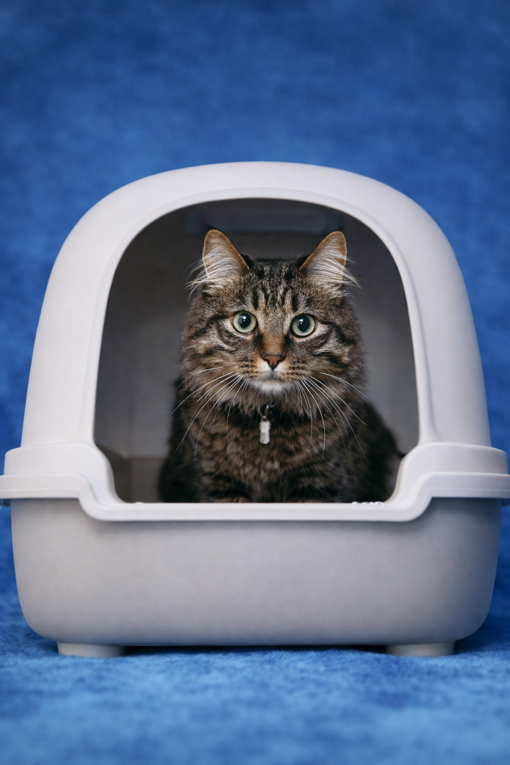 Cat inside a white litter box on a blue background
