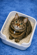 Cat sitting inside a litter box on a blue carpet