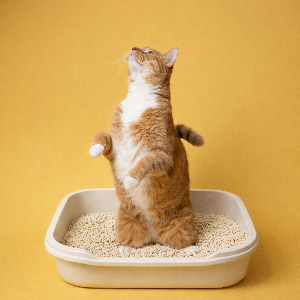 Cat standing on its hind legs inside a litter box against a yellow background