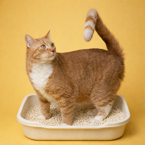 Cat standing in a litter box on a yellow background