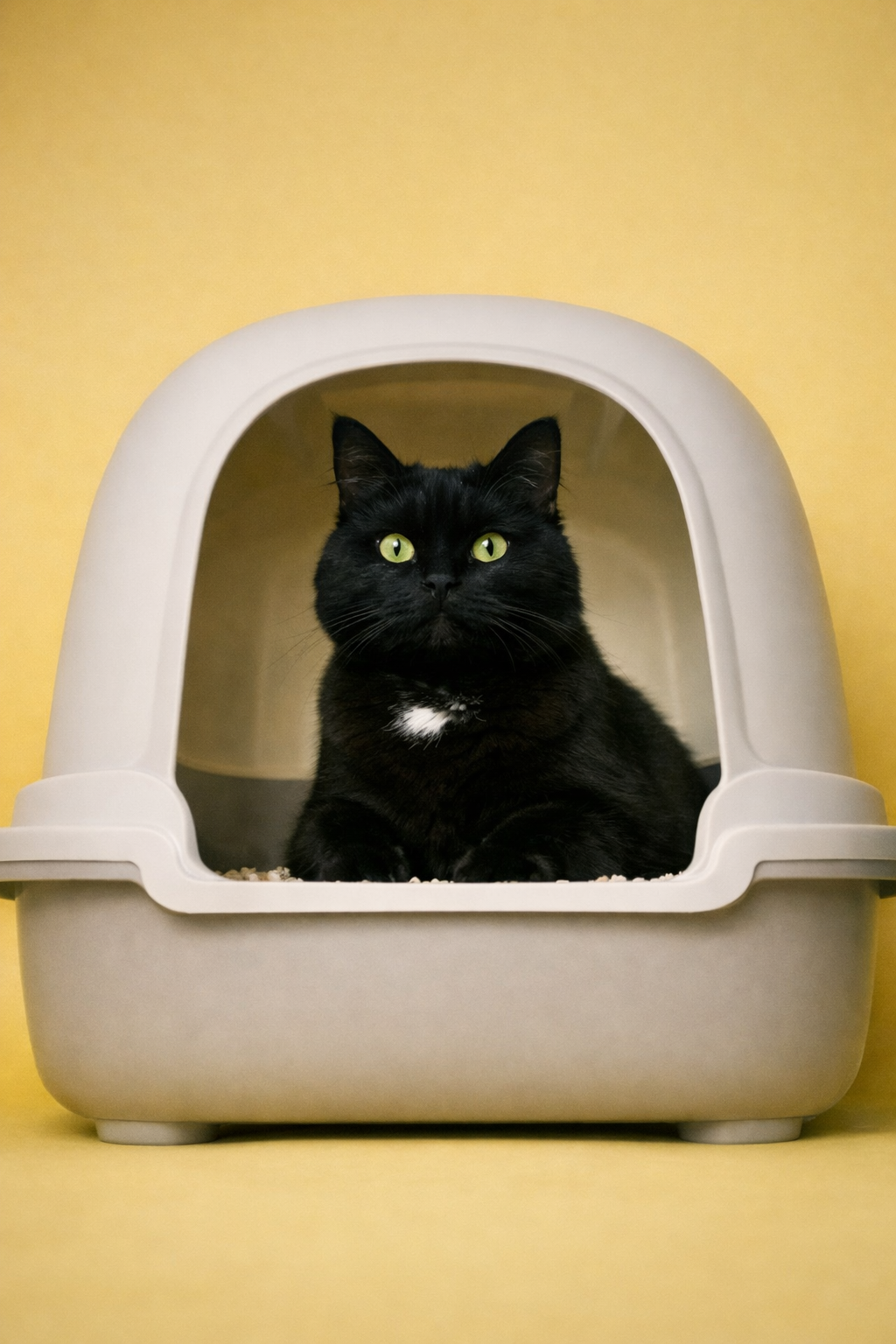 Black cat inside a white litter box on a yellow background